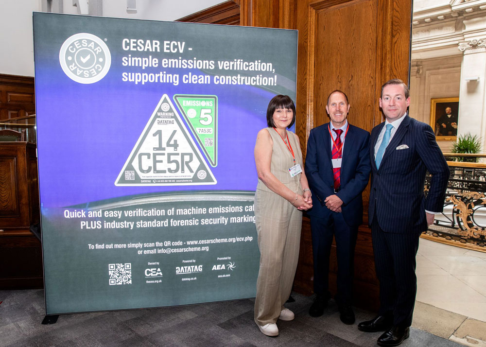 JCB is the first AMPS member to adopt CESAR on their RS Range of Generators - pictured are Viki Bell, CEO, CEA, Alan Beech Director General AMPS and Charles Stevenson, Director, JCB London Office